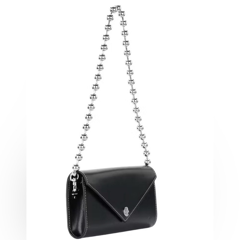 Ganni Black Leather Envelope Shoulder Bag With Silver Chain